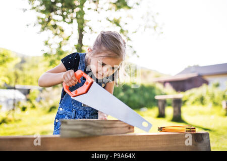 Una piccola ragazza con una sega al di fuori, rendendo un di legno birdhouse. Foto Stock
