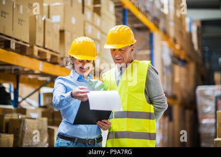 Senior manager di donna e uomo lavoratore lavora in un magazzino. Foto Stock