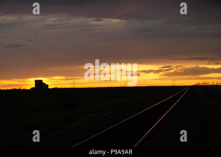 Prairie inverno, al tramonto sul campo di neve , recinto pendente Foto Stock