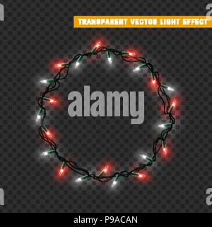 Ghirlande vettore isolato telaio wreath round. Le decorazioni di Natale gli effetti delle luci. Luci incandescenti per vacanze di Natale. Illustrazione Vettoriale