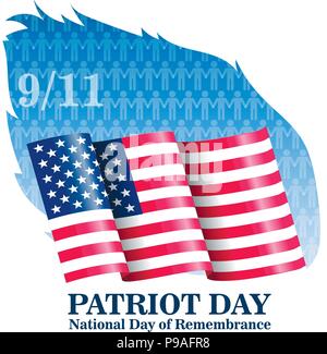 Illustrazione di vettore Patriots Day Poster. 11 settembre 2001 Carta scritte sui sfocato bandiera degli Stati Uniti Illustrazione Vettoriale