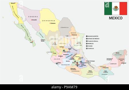 Messico politica e amministrativa di mappa vettoriale con bandiera. Illustrazione Vettoriale