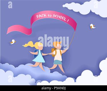 Happy children boy and girl run back to school with flag. Paper cut design Vector illustration Illustrazione Vettoriale