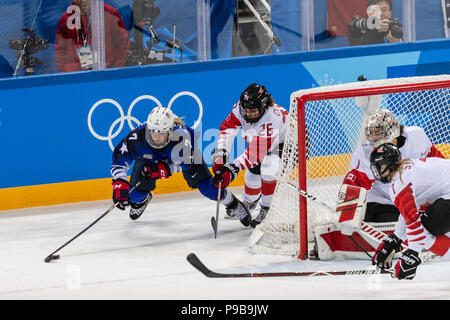 Monique Lamoureux-Morando (USA) e Natalie Spooner (CAN) durante la medaglia d'oro donna Ice Hockey gioco USA vs Canada presso i Giochi Olimpici Invernali Pyeo Foto Stock