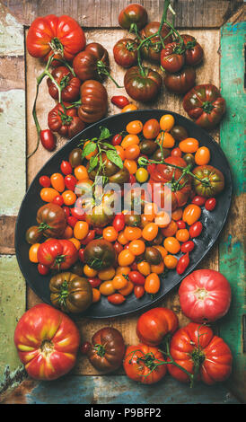 Appartamento -lay di freschi pomodori colorati, composizione verticale Foto Stock