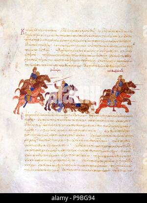 Perseguimento di Sviatoslav's warriors dall'esercito bizantino (miniatura di Madrid Skylitzes). Museo: Biblioteca Nacional, Madrid. Foto Stock