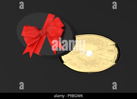 Nero ovale aperta confezione regalo con fiocco rosso su sfondo nero. 3D render Foto Stock