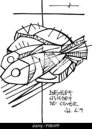 Disegnata a mano immagine o disegno di una religiosa biblica cristiana il miracolo dei cinque pani e due pesci Illustrazione Vettoriale