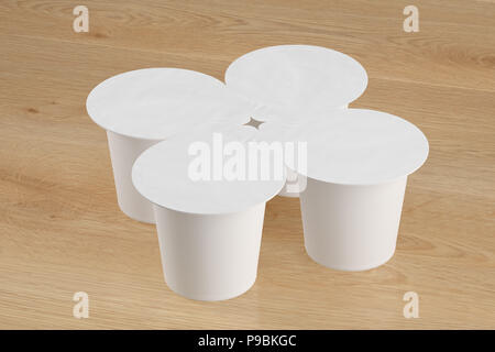 Confezione vuota di quattro yogurt bianco di imballaggio. Mockup dessert contenitore in plastica isolato su sfondo di legno con percorso di clipping. 3D render Foto Stock