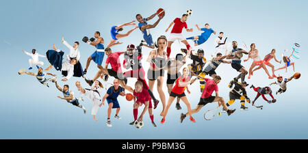 Sport collage circa kickboxing, calcio, football americano, basket, hockey su ghiaccio, badminton, taekwondo, tennis, rugby Foto Stock