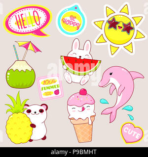 Set di icone carino in stile kawaii. Bunny con cocomero, panda con ananas, gelato, candy, sun in occhiali da sole, adesivo con iscrizione essere felice Foto Stock