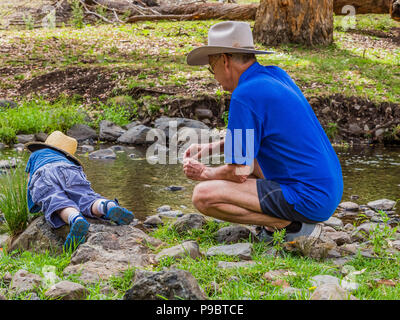 Nonno squatting accanto a suo nipote, che sta cercando in un torrente nella campagna australiana. Foto Stock