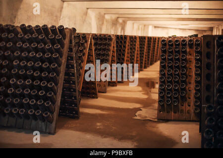 Vino spumante bottiglie in vetro fermentare in cantina Foto Stock