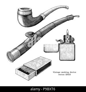 Dispositivo di fumatore del disegno a mano vintage clip art isolati su sfondo bianco,tabacco tubazione,l'Oppio tubazione,Match e leggero schizzo Illustrazione Vettoriale