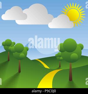 Il paesaggio naturale di nuvole verdi alberi hill sun Illustrazione Vettoriale