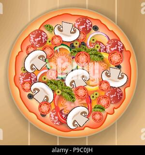 Funghi pizza pomodoro olive Cipolla Peperone di basilico Illustrazione Vettoriale
