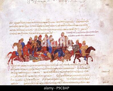 Il Pechenegs nella lotta contro i guerrieri di Svyatoslav I (miniatura di Madrid Skylitzes). Museo: Biblioteca Nacional, Madrid. Foto Stock