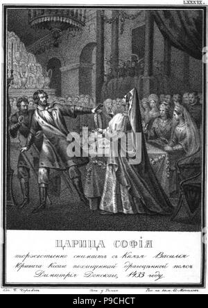 Grand Princess Sofia tira la cinghia di oro da parte del principe Vassilij il Cross-Eyed (da 'illustrato Karamzin'). Museo: Russo Biblioteca Statale di Mosca. Foto Stock