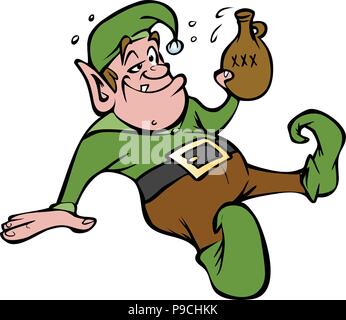 Fumetto illustrazione vettoriale di un ubriaco elf con moonshine Illustrazione Vettoriale