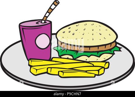 Fumetto illustrazione vettoriale di un hamburger e patatine fritte e bicarbonato di sodio Illustrazione Vettoriale