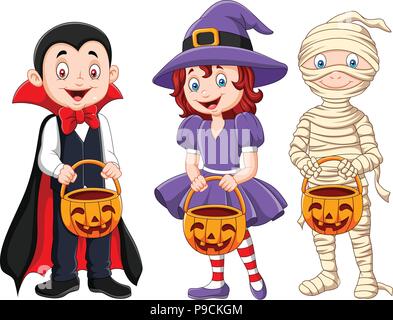 Cartoon kids con il costume di Halloween tenendo la zucca paniere Illustrazione Vettoriale