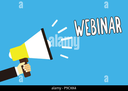 Conceptual la scrittura a mano che mostra il Webinar. Business photo testo definito come seminario condotto su Internet Web conferencing uomo azienda megafono lou Foto Stock