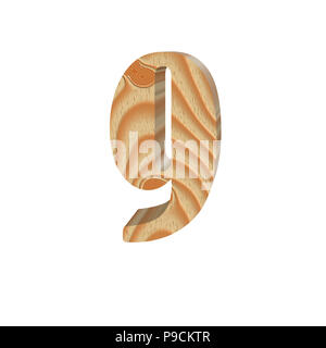 Numero di legno 9 (nove) isolato su sfondo bianco. Texture di legno. Parte di alfabeto originale font. Alfabeto volumetrica design. 3d illustrazione Foto Stock