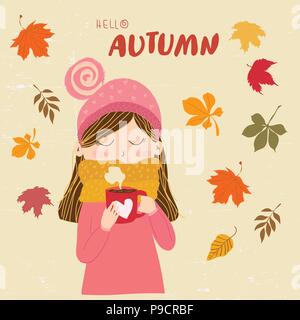 Una bella ragazza in un maglione pesante con sciarpa holding tazza da caffè con ciao autunno messaggio. autunno modello di scheda. Illustrazione Vettoriale
