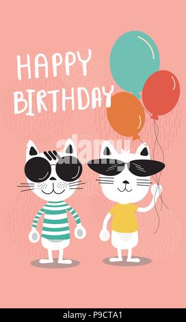 Carino morbidi colori pastello cartoon biglietto di auguri di compleanno, gatti divertenti in occhiali da sole e palloncini di contenimento Illustrazione Vettoriale