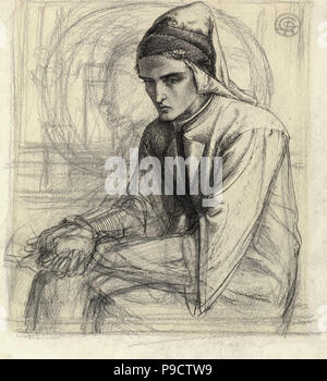 Rossetti Dante Gabriel - Dante nella meditazione tenendo un melograno (studio di Giotto dipinto il ritratto di Dante) Foto Stock