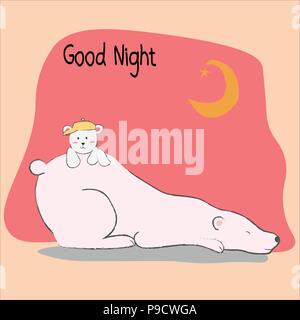 Little baby orso arrampicata su un sonno orso bianco con buona notte la parola e la mezzaluna Illustrazione Vettoriale