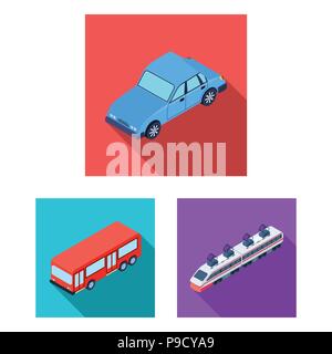 Diversi tipi di trasporto piana in icone insieme per il design. Auto e nave isometrica simbolo vettore illustrazione stock. Illustrazione Vettoriale