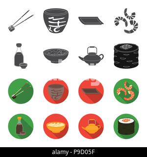 La salsa di soia, tagliatelle, bollitore.rotoli.Sushi set di icone di raccolta in nero,flet stile simbolo vettore illustrazione stock . Illustrazione Vettoriale