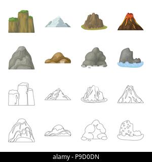 Massi, una montagna tondeggiante, rocce in mare. Montagne di diversi set di icone di raccolta in cartoon,Outline stile simbolo vettore illustrazione stock . Illustrazione Vettoriale