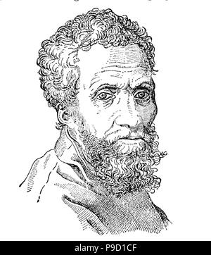 Michelangelo di Lodovico Buonarroti Simoni o più comunemente noto con il suo nome Michelangelo; 6 marzo 1475 â€" 18 febbraio 1564 era un italiano di scultore, pittore, architetto e poeta del Rinascimento nato nella Repubblica di Firenze, digitale migliorata la riproduzione di un originale stampa da l'anno 1900 Foto Stock