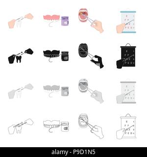 Il riempimento del dente, cure dentarie, trattamento medico della gola, visione controllare. Medicina e odontoiatria set di icone di raccolta in cartoon monochr nero Illustrazione Vettoriale