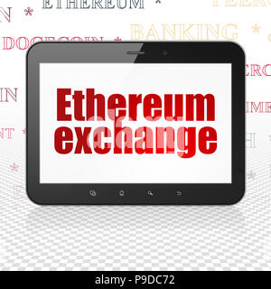 Concetto Cryptocurrency: Computer tablet con il testo in rosso Ethereum Exchange sul display, Tag Cloud background, rendering 3D Foto Stock