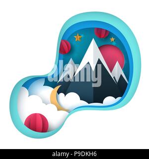 Carta cartone animato paesaggio. Montagna, sole, stella, cloud. Illustrazione Vettoriale