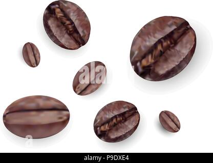 Caffè in grani, caffè torrefatto in grani. Vettore set realistico isolati su sfondo bianco. Illustrazione Vettoriale