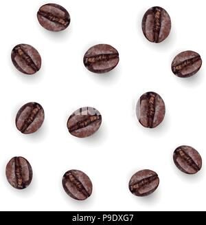 Caffè in grani, caffè torrefatto in grani. Vettore set realistico isolati su sfondo bianco. Illustrazione Vettoriale