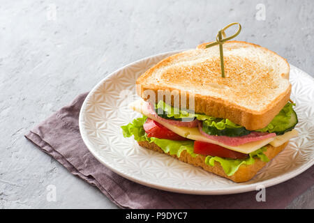 Sandwich con formaggio, prosciutto e verdure fresche su una piastra. Foto Stock