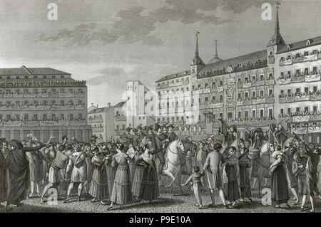 Spagna. Madrid. Ferdinando VII (1784-1833) è proclamato re di Spagna in contumacia il 24 agosto, 1808 nella piazza principale (Plaza Mayor). Incisione. Foto Stock