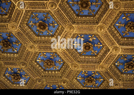 Elaborare il soffitto della Sala dei Gigli, con un pattern di Fleur de Lys, Palazzo Vecchio, Firenze Foto Stock