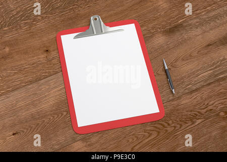 Red appunti con vuoto bianco pagine di carta e penna a sfera isolata su sfondo di legno con percorso di clipping. 3d illustrazione Foto Stock