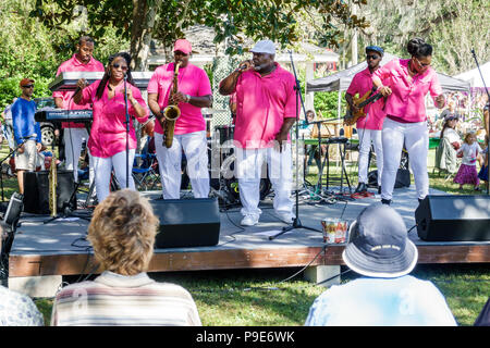 Florida,Micanopy,Fall Harvest Festival,comunità annuale di piccole città Black man uomini maschio,donna donne,band,cantanti musicisti free performance playi Foto Stock