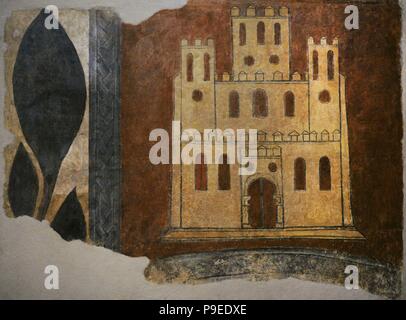 Dettaglio di un castello, ca.1210. Situato sulla porta della parete nord. Anonimo, Castiglia e Leon. Dall'abbazia benedettina di San Pedro de Arlanza (provincia di Burgos, Spagna). Affresco trasferisce al canvas. Museo Nazionale di Arte della Catalogna (MNAC). Barcellona. La Catalogna. Spagna. Foto Stock