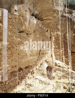 Il sito archeologico di Atapuerca. Trinchera del Ferrocarril. I livelli archeologici. Provincia di Burgos. Castiglia e Leon. Spagna. Foto Stock