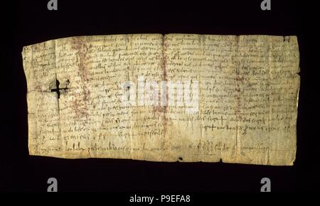 Documento di origine carolingia su pergamena datata in 862, in riferimento al trasferimento di alcuni vigneti nel comune di Sale (provincia di Girona), la Catalogna. Dal monastero di San Cugat del Vallès. Archivio della Abbazia di Montserrat, Catalogna, Spagna. Foto Stock