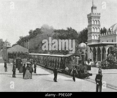 La Francia. Parigi. Esposizione Universale del 1889. Ferrovia Decauville treno alla stazione di partenza. Esplanade des Invalides. Incisione, 1889. Foto Stock