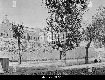 Spagna. La Catalogna. Barcellona. Xix secolo. Prigione di carattere generale. In primo luogo, uno spazio dove i condannati alla pena capitale, noto come cortile di Corders, sono stati giustiziati. Fu demolita nel 1936. Incisione. Foto Stock